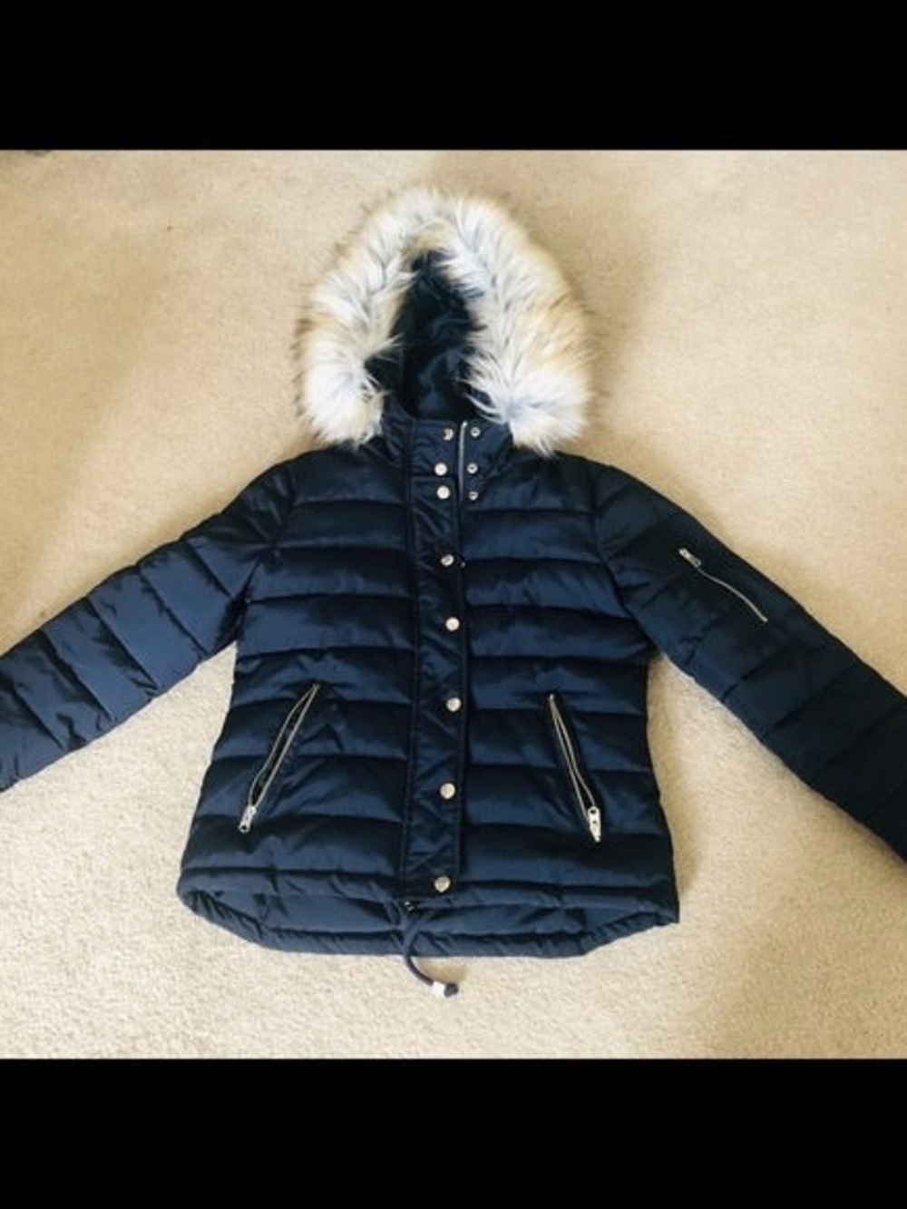 Reduced$Topshop Women’s Navy Rare Navy Blue Puffer Coat with Faux Fur Hood - Picture 4 of 4